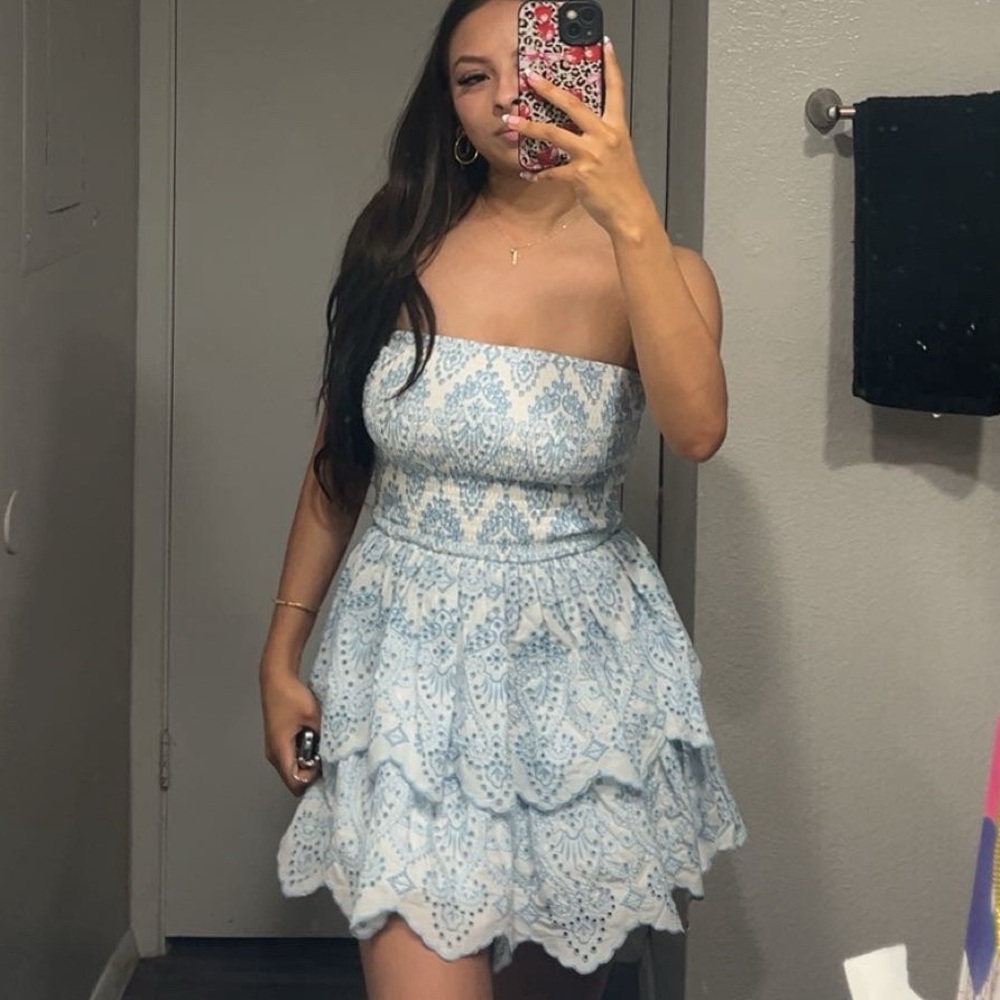 Strapless Blue and White Dress